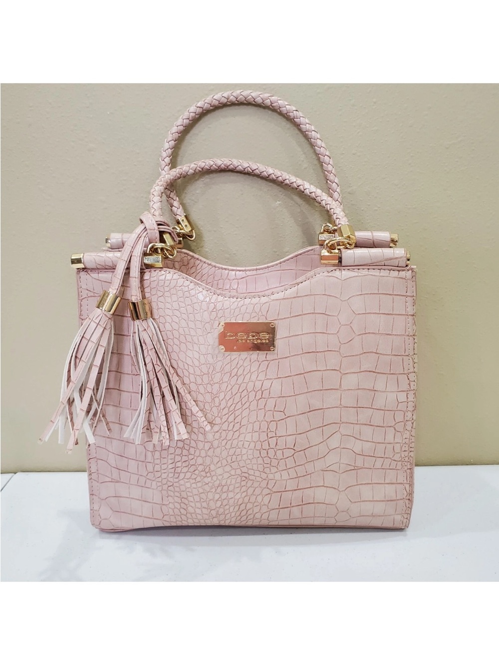Bebe Los Angeles Light Pink Croc-Embossed Satchel with Braided Handles